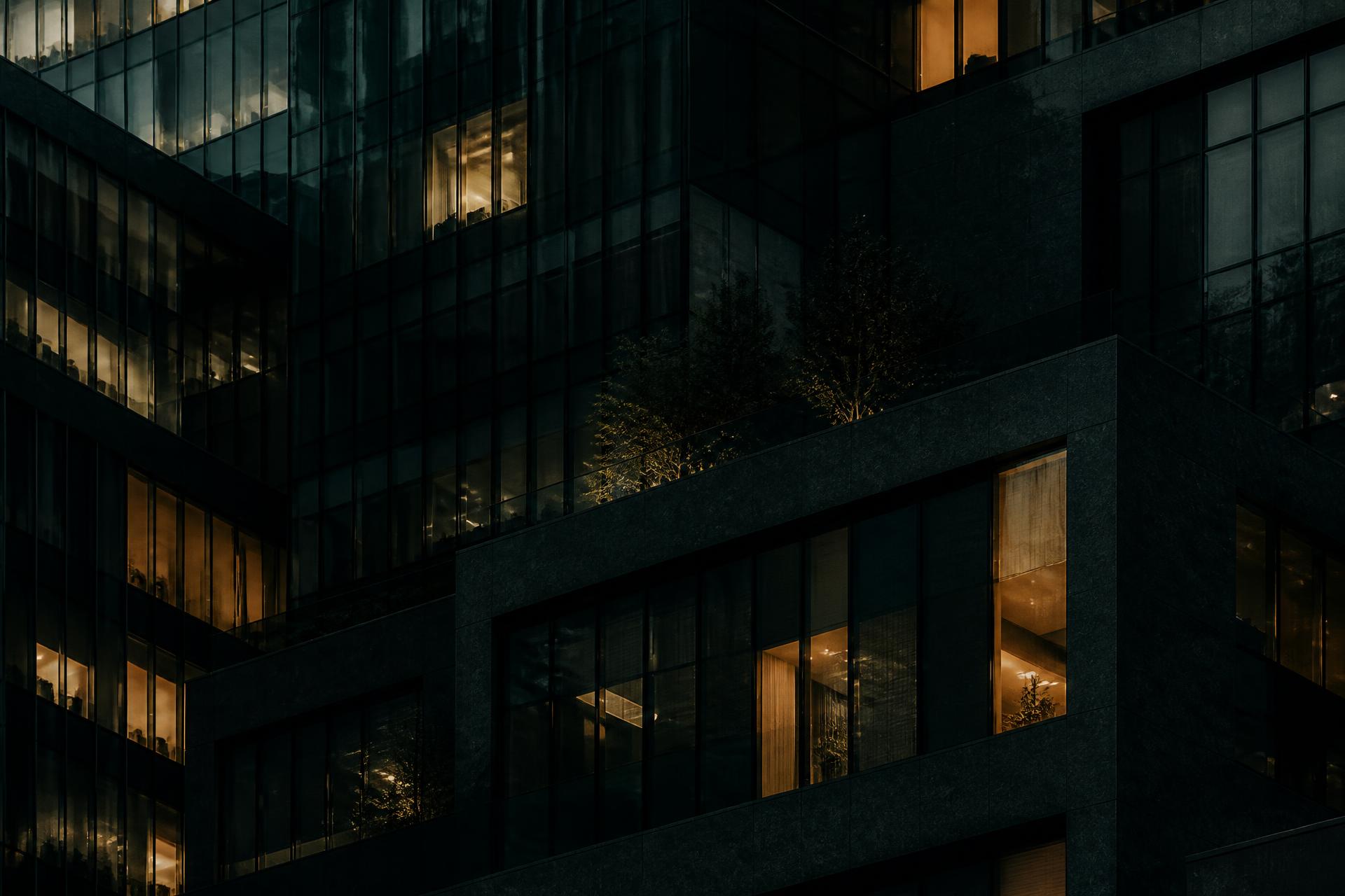 Fachada de un edificio corporativo en un distrito financiero al anochecer